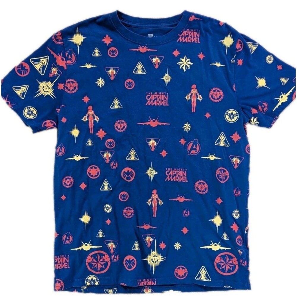 Marvel Captain Marvel All Over Print T Shirt Mens Large Blue Avengers MCU